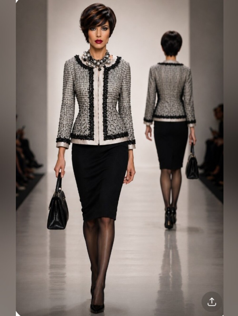 St John Couture Boucle Black Crystals Silver Silk Metallic Knit Skirt Suit 12 14